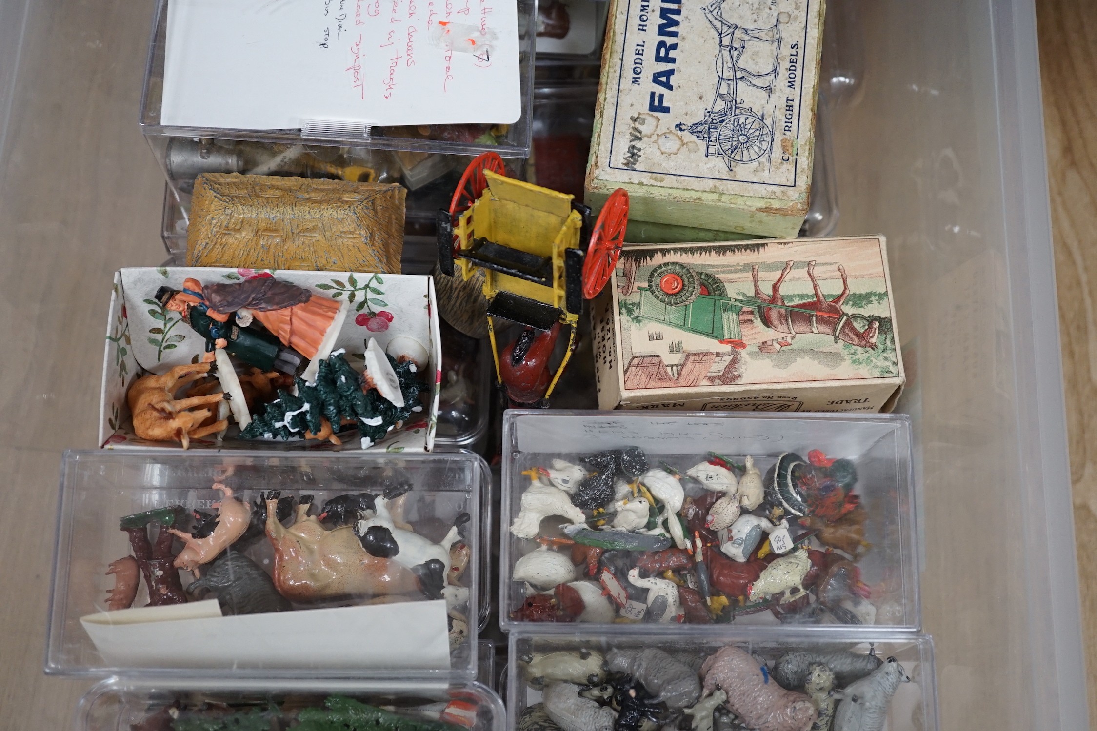 A large childhood collection of hollowcast lead toys, various makers, pre-war and later, including farm animals, farm workers, etc